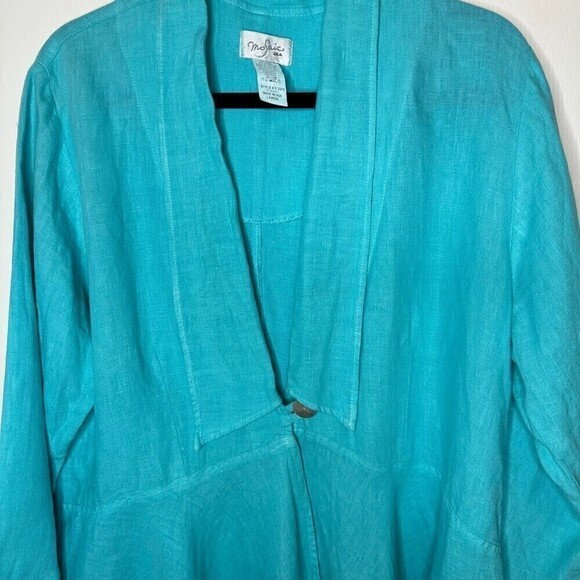 Mosaic USA Linen One Button Drape Cardigan Topper Teal Blue Lagenlook L - Picture 3 of 4